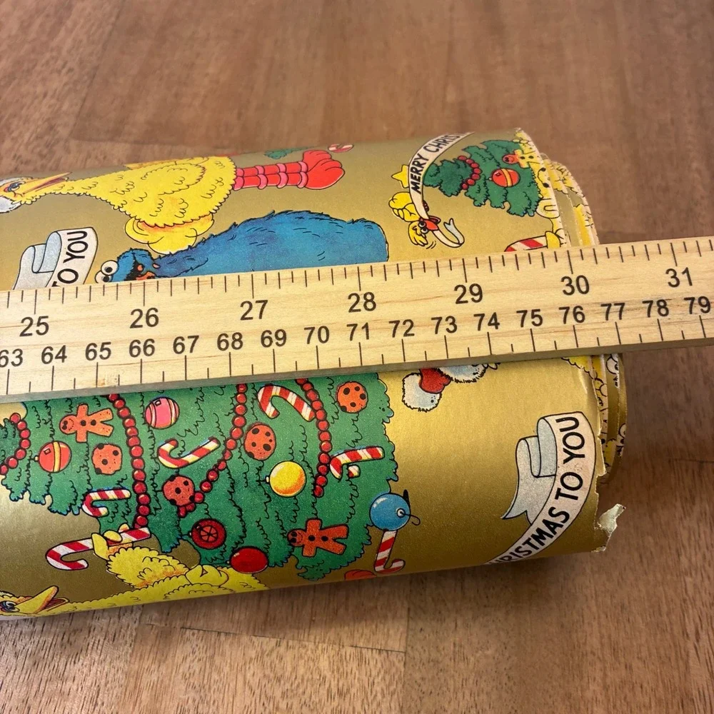 Vintage Sesame Street Christmas Wrapping Paper 24ft Gold Big Bird Cookie Monster